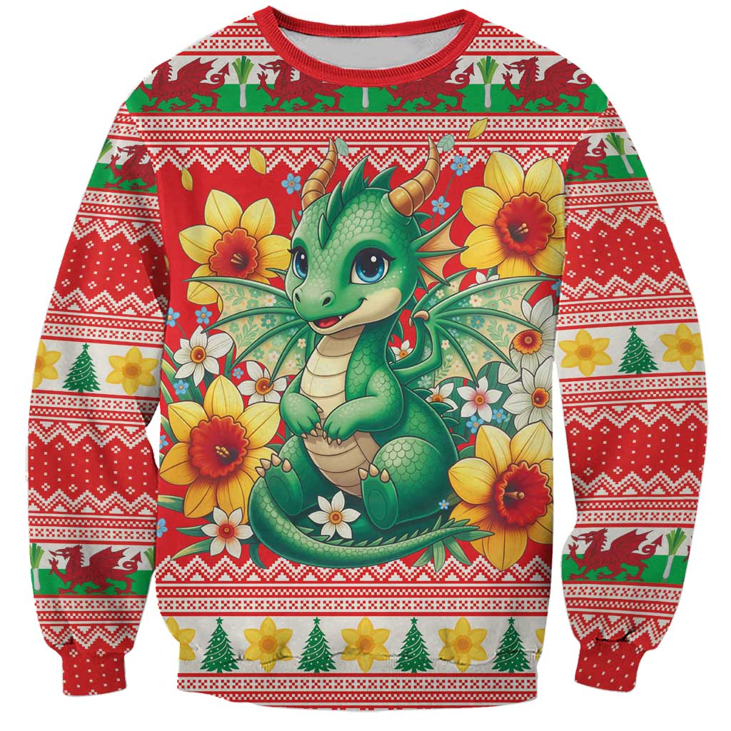Wales Christmas Sweatshirt Cute Green Welsh Dragon and Daffodils - Wonder Print Shop