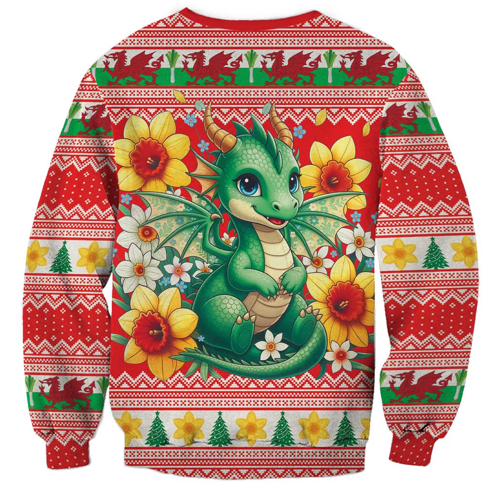 Wales Christmas Sweatshirt Cute Green Welsh Dragon and Daffodils - Wonder Print Shop