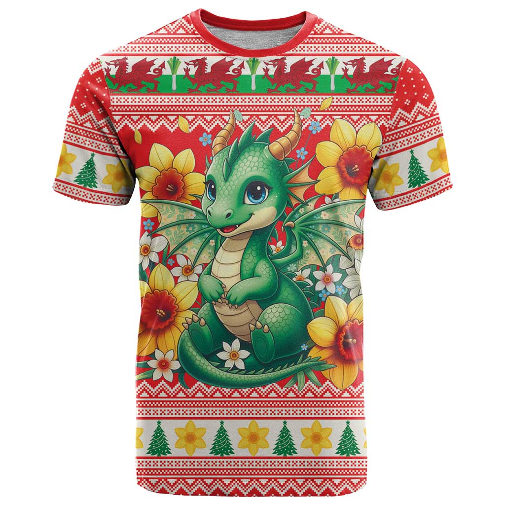 Wales Christmas T Shirt Cute Green Welsh Dragon and Daffodils - Wonder Print Shop