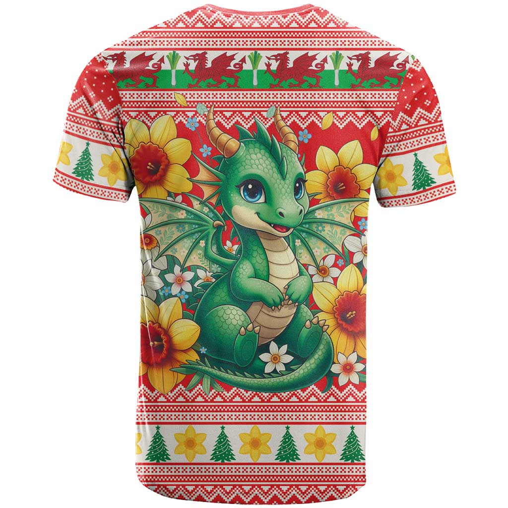 Wales Christmas T Shirt Cute Green Welsh Dragon and Daffodils - Wonder Print Shop