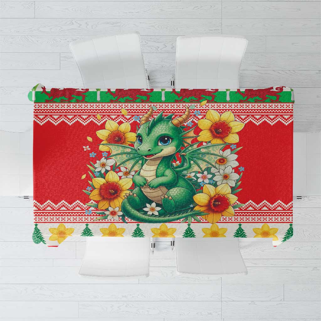 Wales Christmas Tablecloth Cute Green Welsh Dragon and Daffodils - Wonder Print Shop