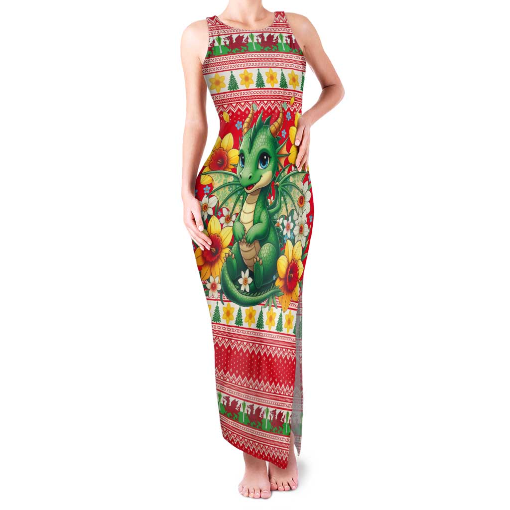 Wales Christmas Tank Maxi Dress Cute Green Welsh Dragon and Daffodils - Wonder Print Shop