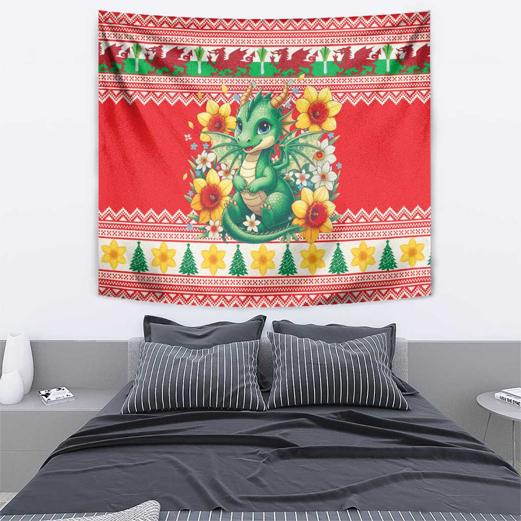 Wales Christmas Tapestry Cute Green Welsh Dragon and Daffodils - Wonder Print Shop