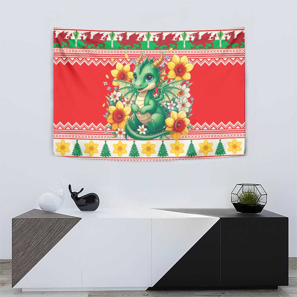 Wales Christmas Tapestry Cute Green Welsh Dragon and Daffodils - Wonder Print Shop