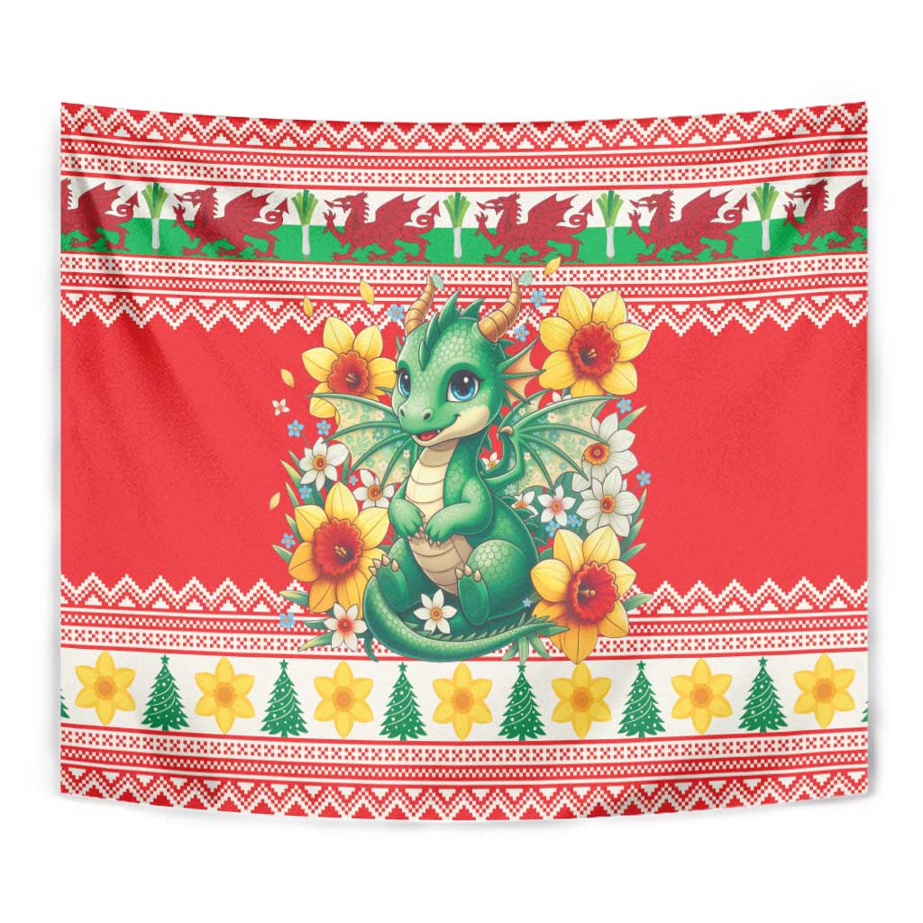 Wales Christmas Tapestry Cute Green Welsh Dragon and Daffodils - Wonder Print Shop