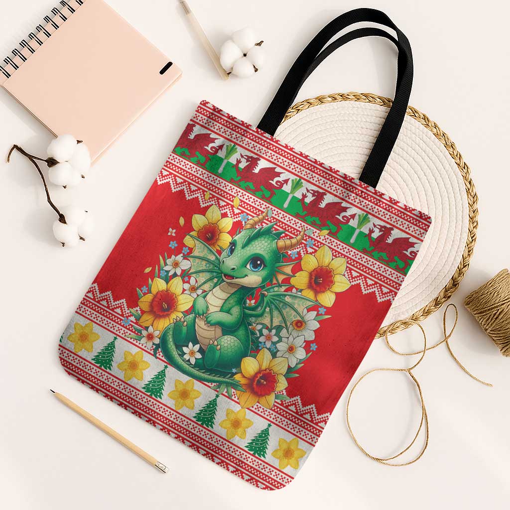 Wales Christmas Tote Bag Cute Green Welsh Dragon and Daffodils - Wonder Print Shop
