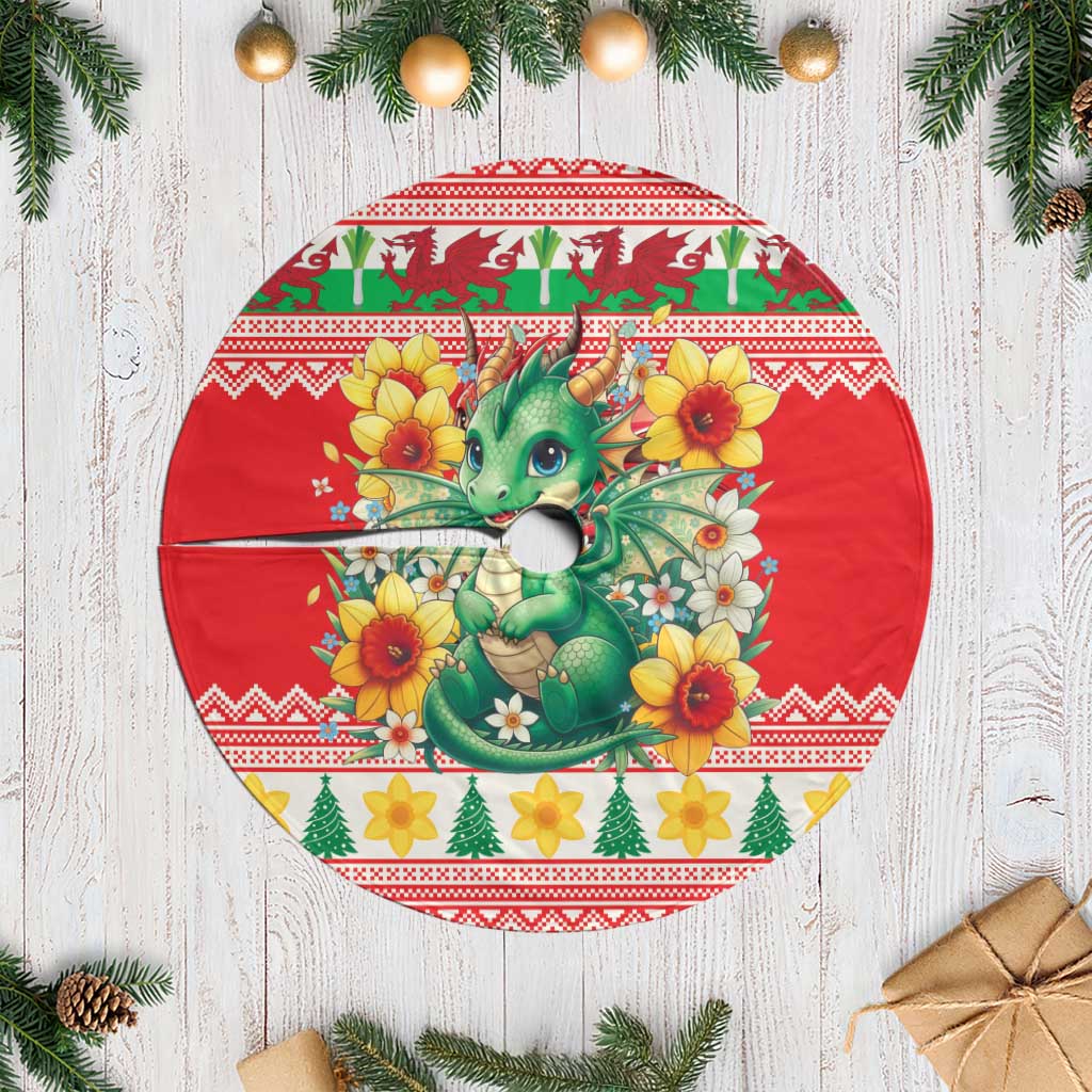 Wales Christmas Tree Skirt Cute Green Welsh Dragon and Daffodils - Wonder Print Shop
