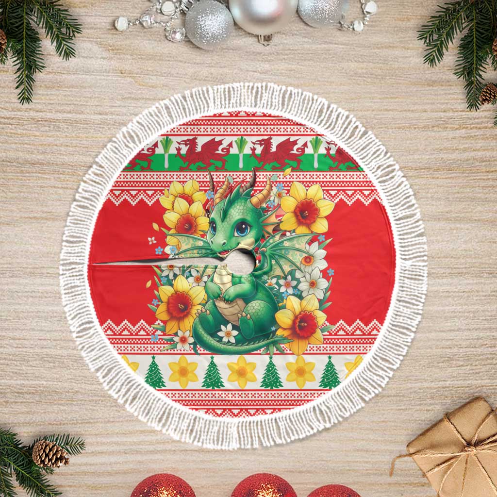 Wales Christmas Tree Skirt Cute Green Welsh Dragon and Daffodils - Wonder Print Shop