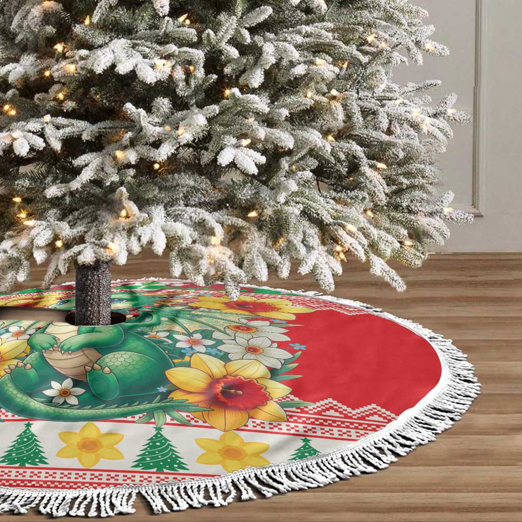 Wales Christmas Tree Skirt Cute Green Welsh Dragon and Daffodils - Wonder Print Shop