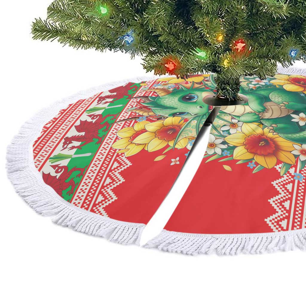 Wales Christmas Tree Skirt Cute Green Welsh Dragon and Daffodils - Wonder Print Shop