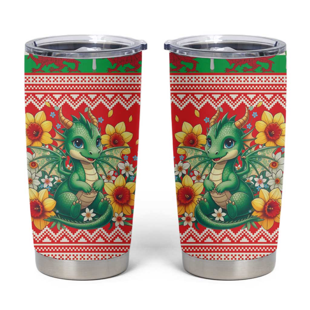 Wales Christmas Tumbler Cup Cute Green Welsh Dragon and Daffodils - Wonder Print Shop