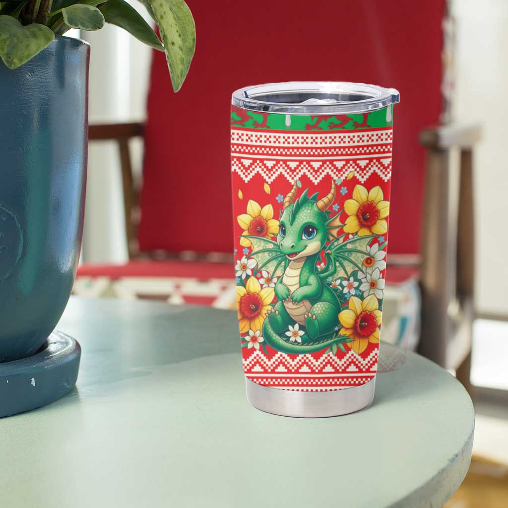 Wales Christmas Tumbler Cup Cute Green Welsh Dragon and Daffodils - Wonder Print Shop