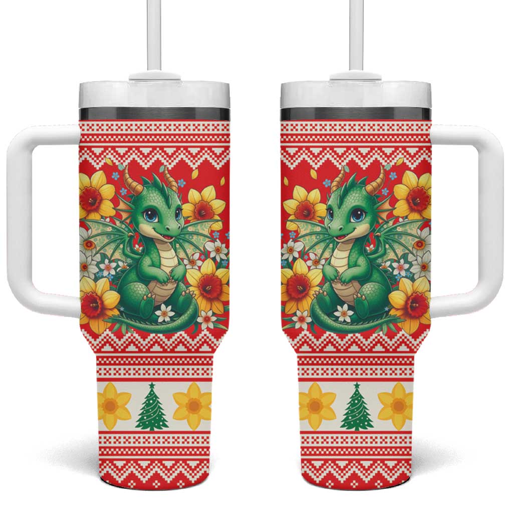 Wales Christmas Tumbler With Handle Cute Green Welsh Dragon and Daffodils - Wonder Print Shop