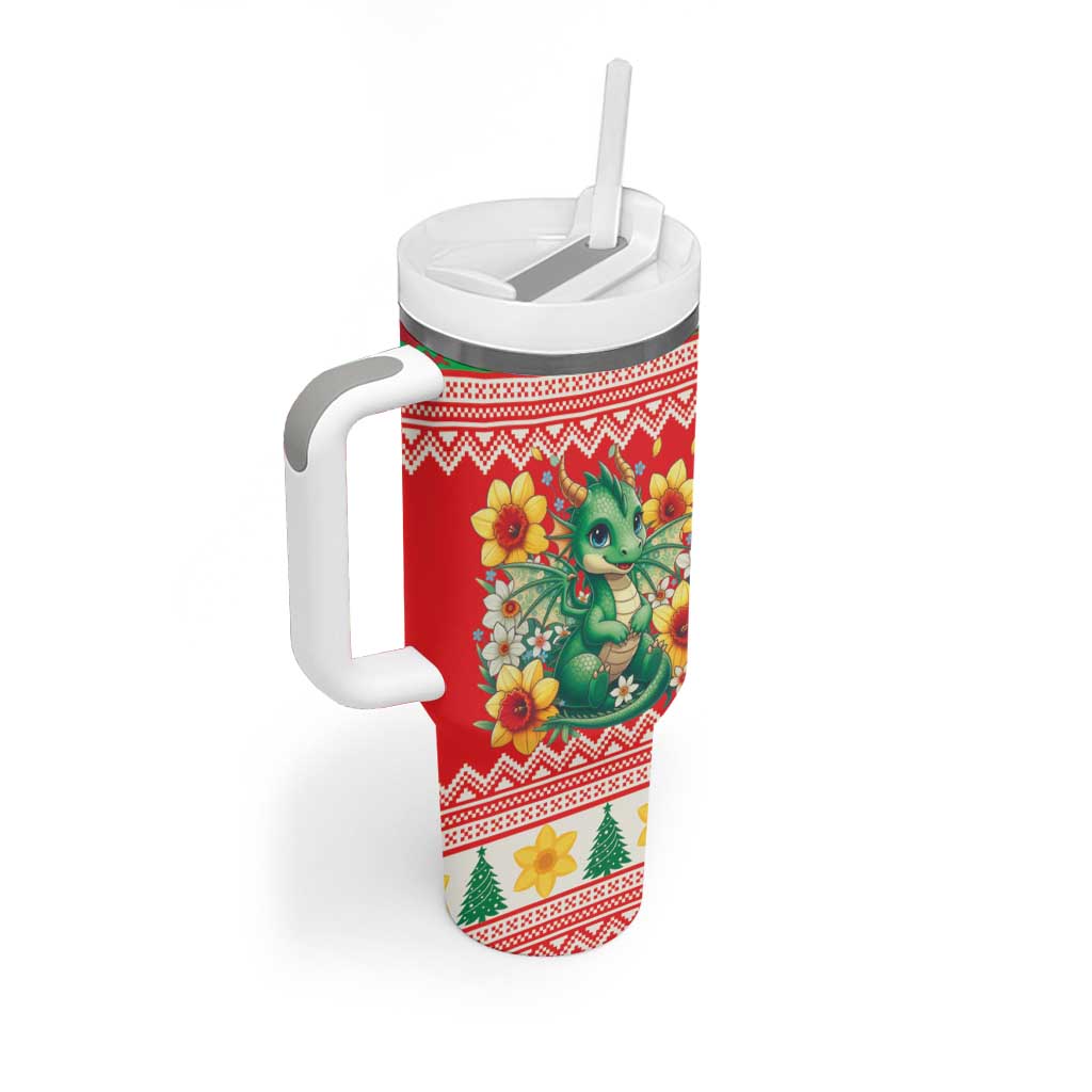 Wales Christmas Tumbler With Handle Cute Green Welsh Dragon and Daffodils - Wonder Print Shop
