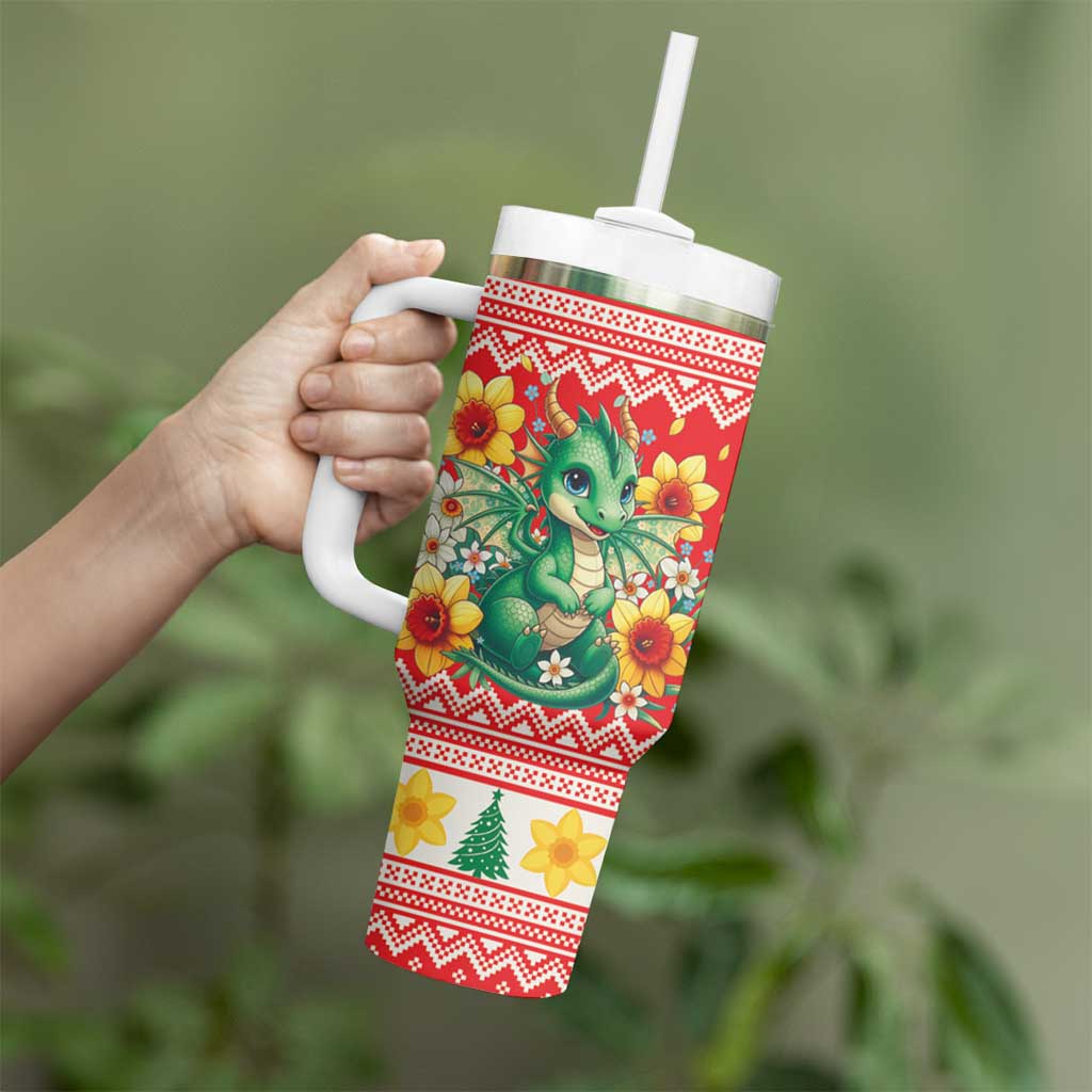 Wales Christmas Tumbler With Handle Cute Green Welsh Dragon and Daffodils - Wonder Print Shop