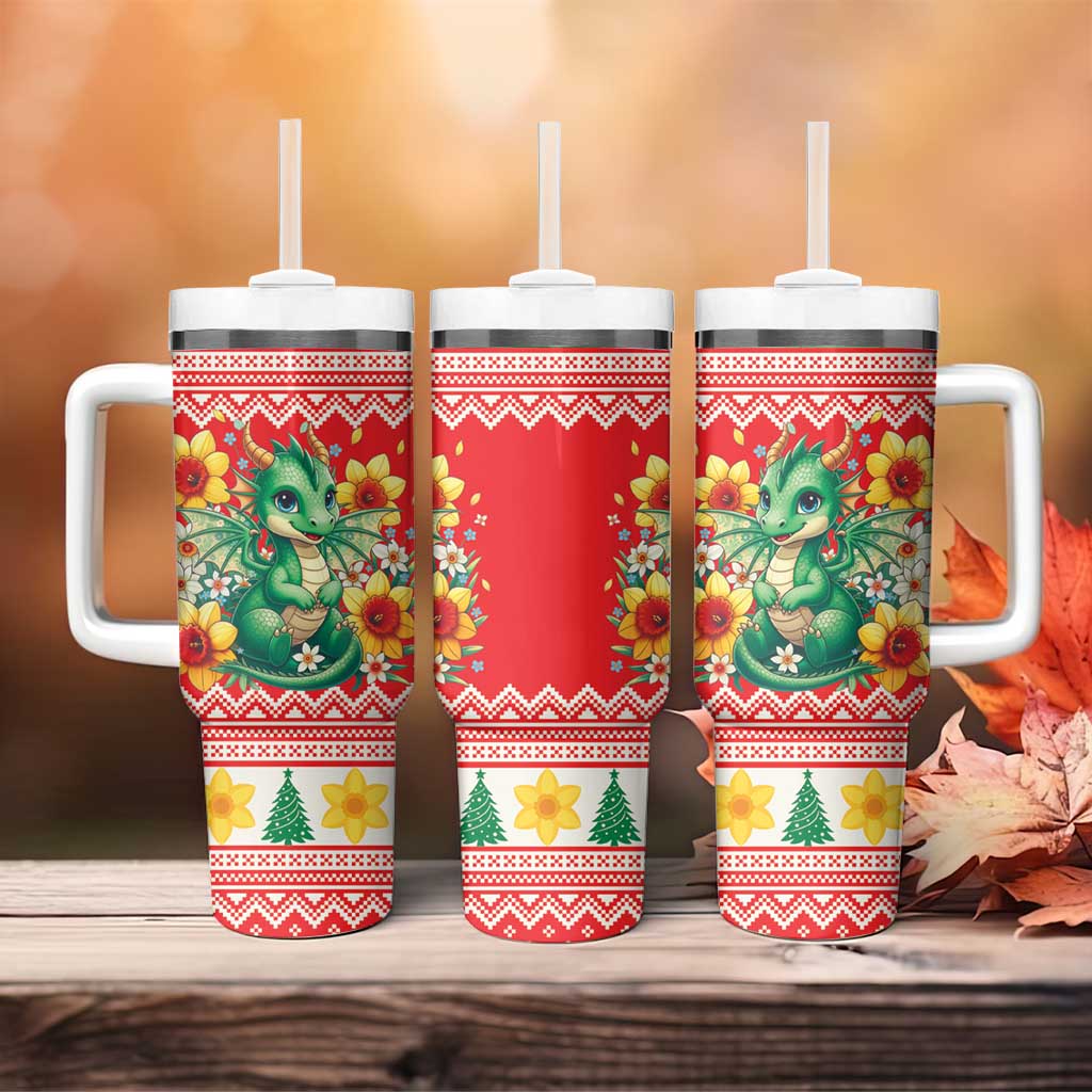 Wales Christmas Tumbler With Handle Cute Green Welsh Dragon and Daffodils - Wonder Print Shop