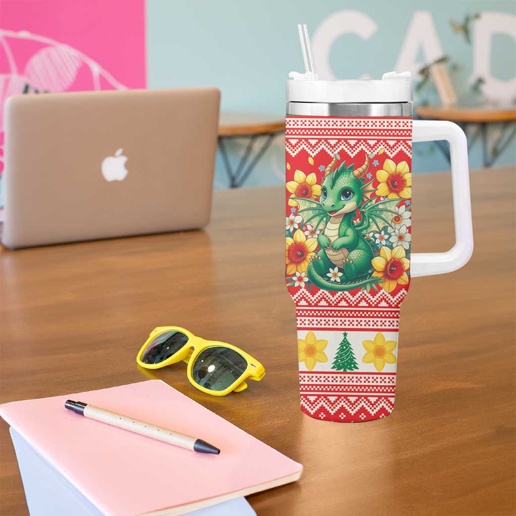 Wales Christmas Tumbler With Handle Cute Green Welsh Dragon and Daffodils - Wonder Print Shop