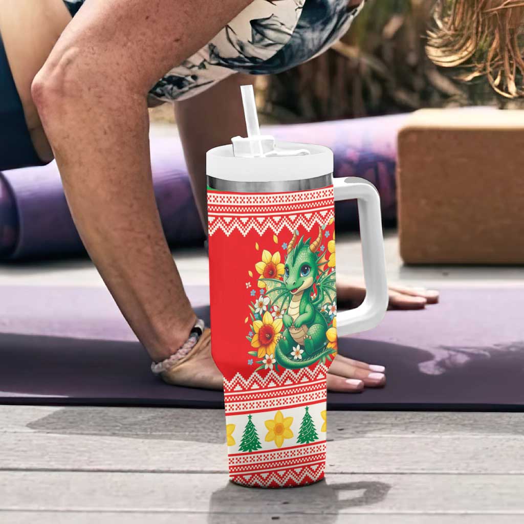 Wales Christmas Tumbler With Handle Cute Green Welsh Dragon and Daffodils - Wonder Print Shop