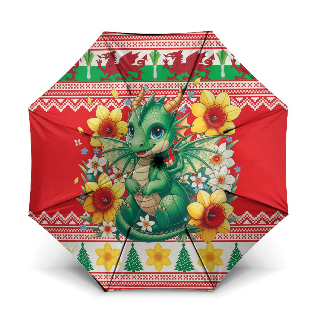 Wales Christmas Umbrella Cute Green Welsh Dragon and Daffodils - Wonder Print Shop