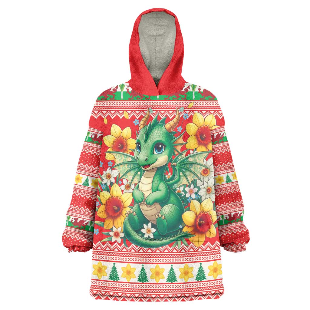 Wales Christmas Wearable Blanket Hoodie Cute Green Welsh Dragon and Daffodils - Wonder Print Shop
