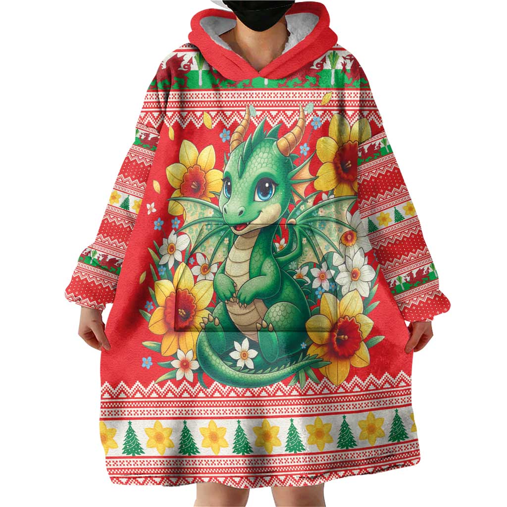 Wales Christmas Wearable Blanket Hoodie Cute Green Welsh Dragon and Daffodils - Wonder Print Shop