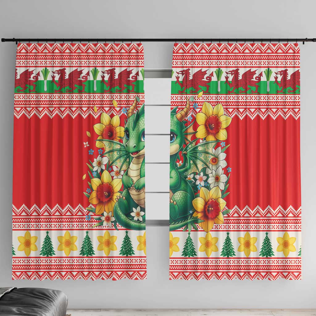 Wales Christmas Window Curtain Cute Green Welsh Dragon and Daffodils - Wonder Print Shop
