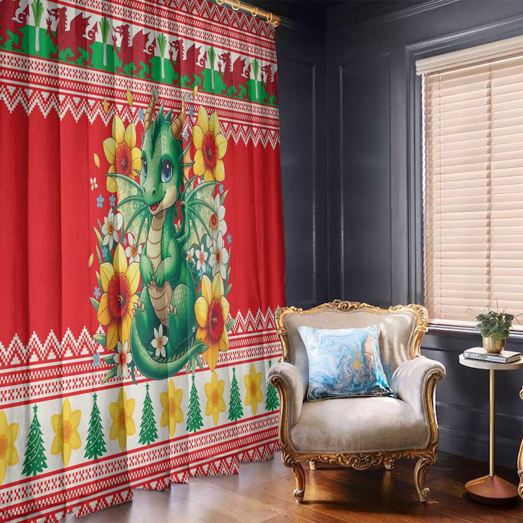 Wales Christmas Window Curtain Cute Green Welsh Dragon and Daffodils - Wonder Print Shop