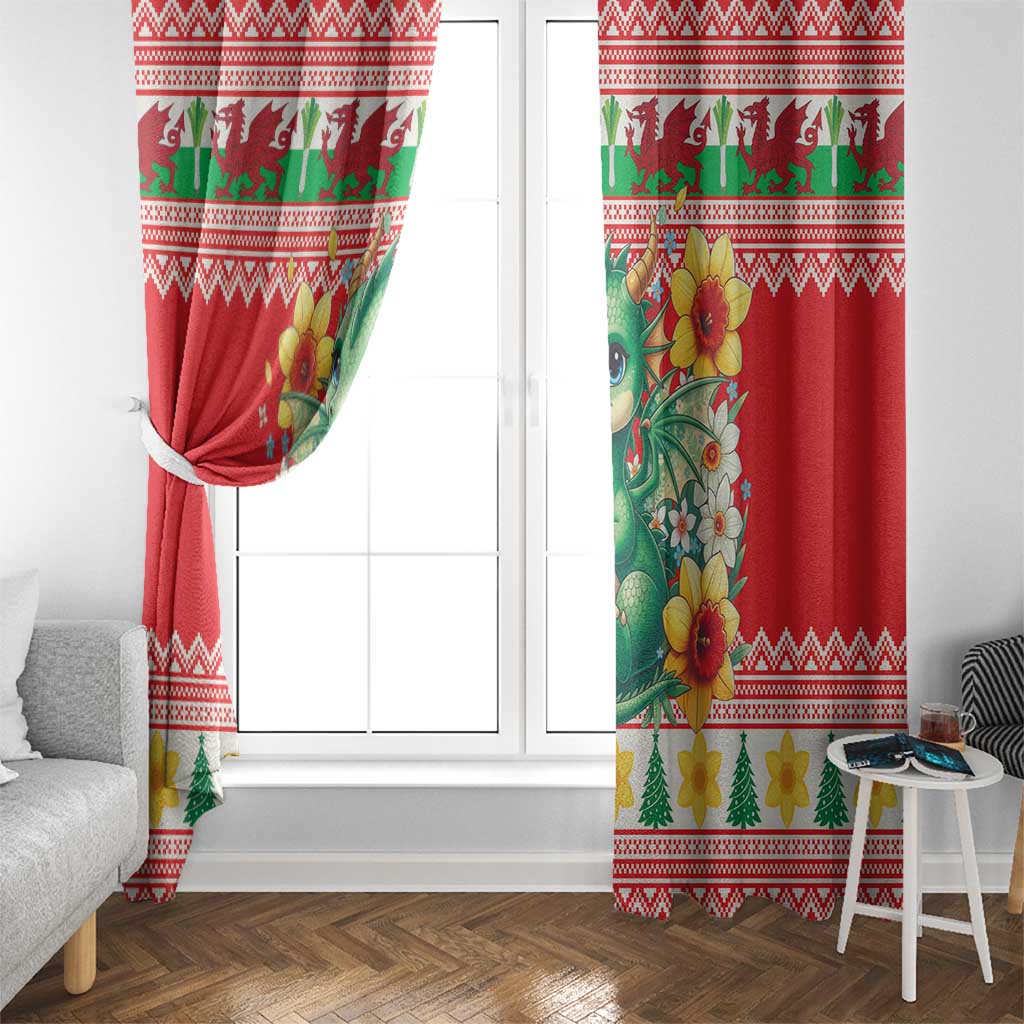 Wales Christmas Window Curtain Cute Green Welsh Dragon and Daffodils - Wonder Print Shop