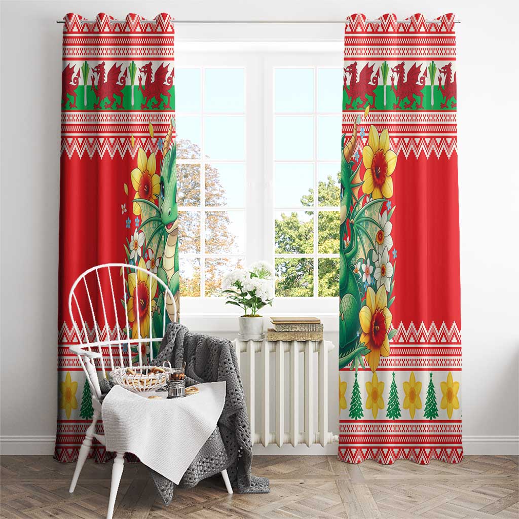 Wales Christmas Window Curtain Cute Green Welsh Dragon and Daffodils - Wonder Print Shop