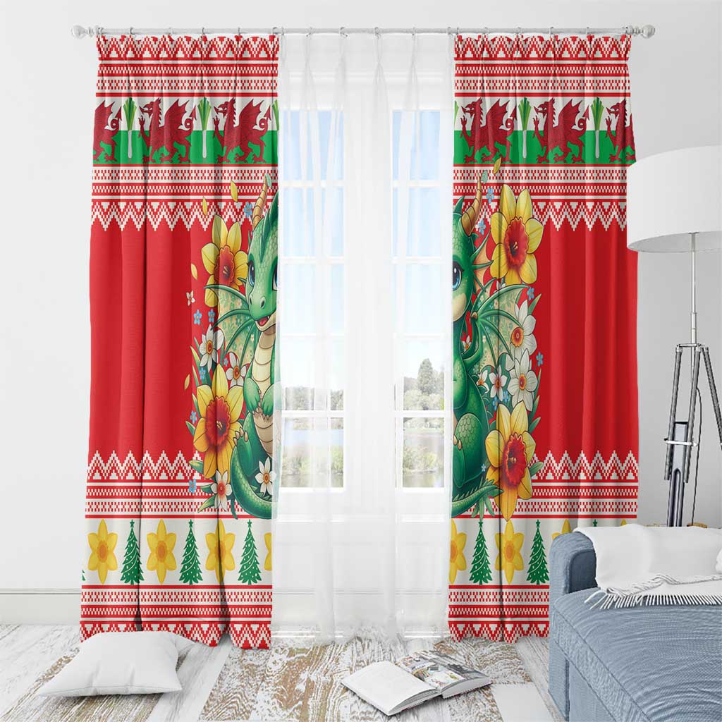 Wales Christmas Window Curtain Cute Green Welsh Dragon and Daffodils - Wonder Print Shop