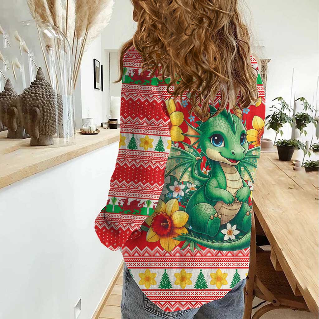 Wales Christmas Women Casual Shirt Cute Green Welsh Dragon and Daffodils - Wonder Print Shop