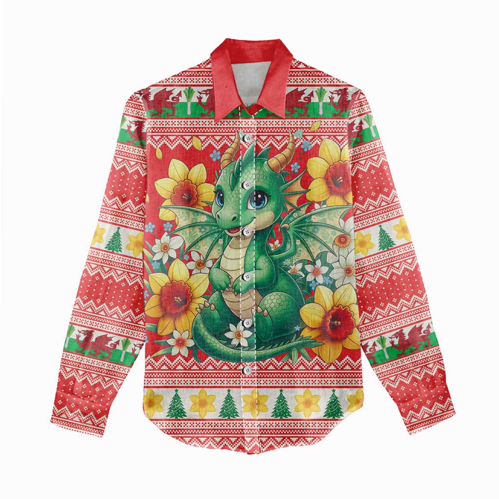 Wales Christmas Women Casual Shirt Cute Green Welsh Dragon and Daffodils - Wonder Print Shop