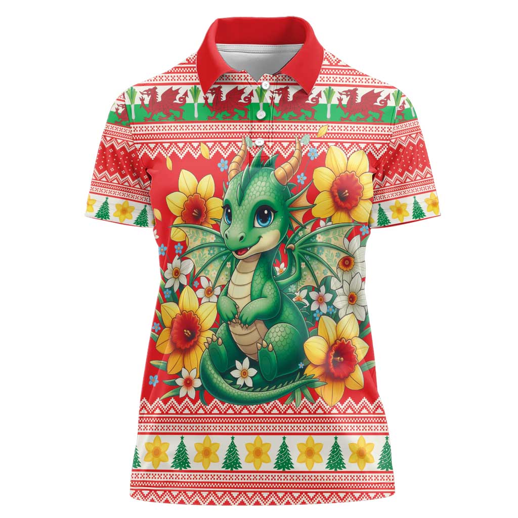 Wales Christmas Women Polo Shirt Cute Green Welsh Dragon and Daffodils - Wonder Print Shop