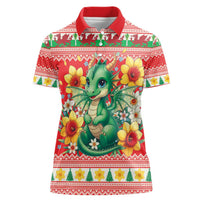 Wales Christmas Women Polo Shirt Cute Green Welsh Dragon and Daffodils - Wonder Print Shop