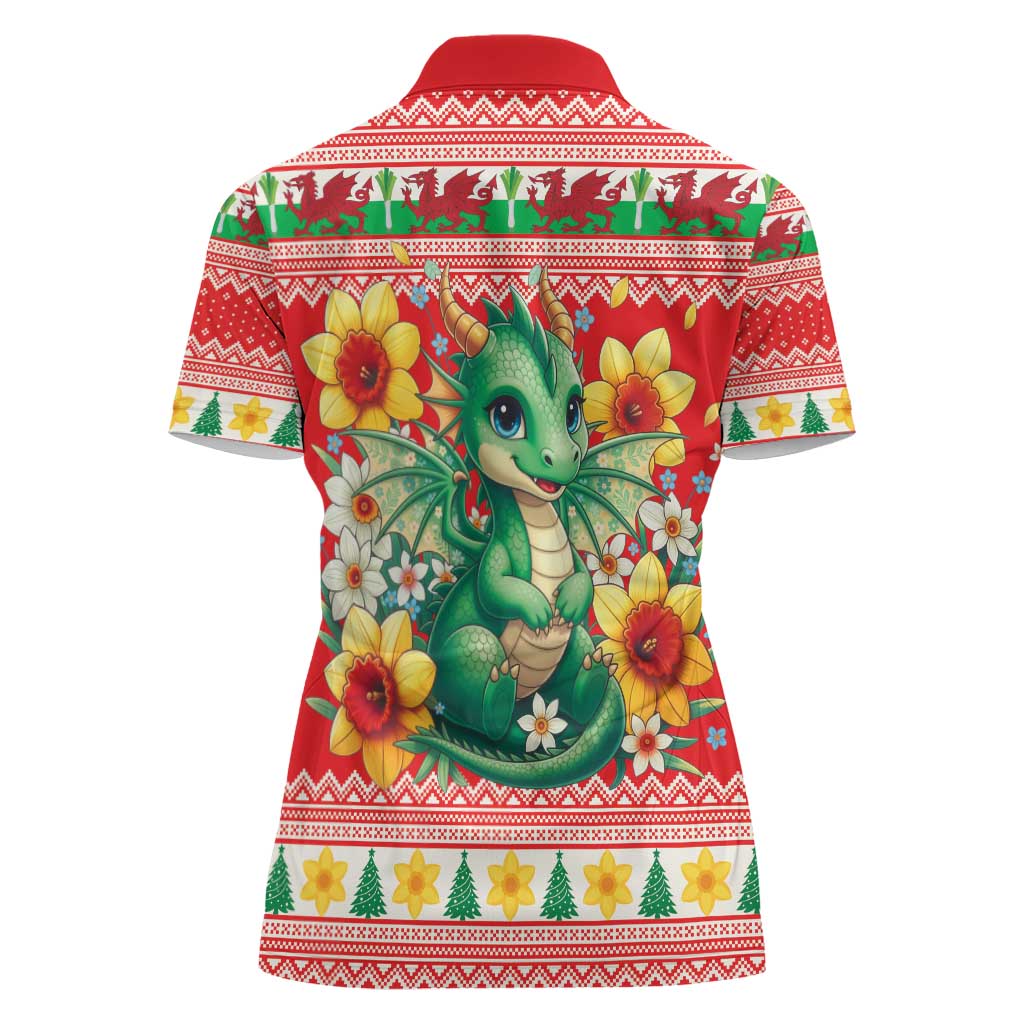 Wales Christmas Women Polo Shirt Cute Green Welsh Dragon and Daffodils - Wonder Print Shop