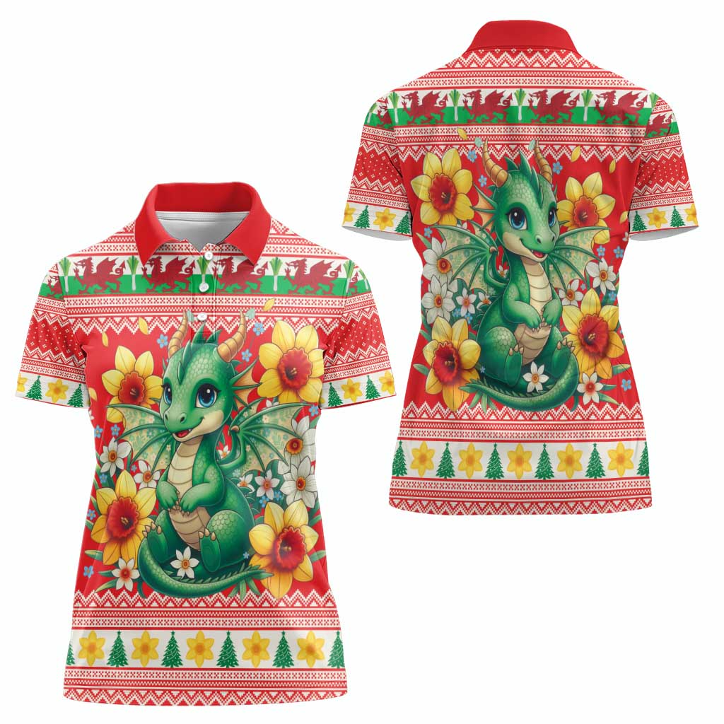 Wales Christmas Women Polo Shirt Cute Green Welsh Dragon and Daffodils - Wonder Print Shop