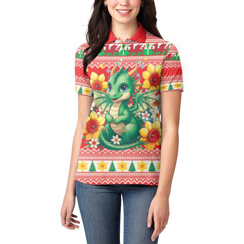 Wales Christmas Women Polo Shirt Cute Green Welsh Dragon and Daffodils - Wonder Print Shop