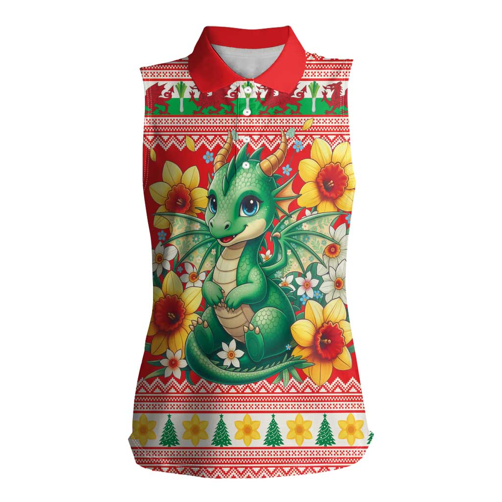 Wales Christmas Women Sleeveless Polo Shirt Cute Green Welsh Dragon and Daffodils - Wonder Print Shop