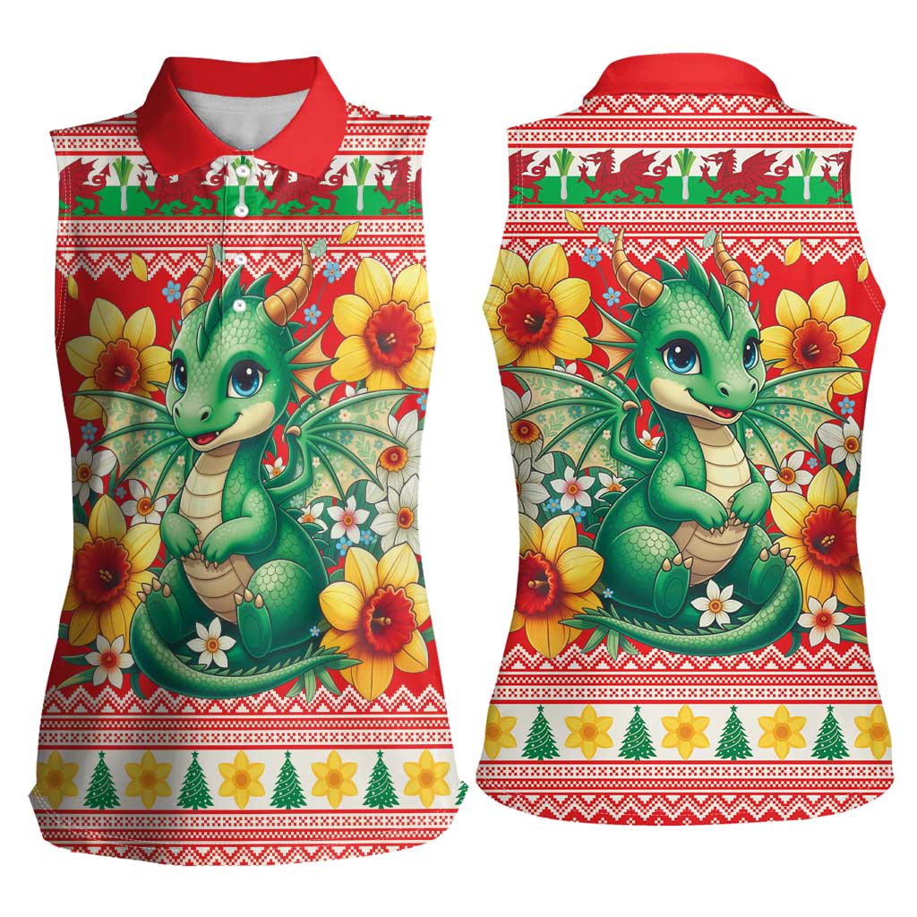 Wales Christmas Women Sleeveless Polo Shirt Cute Green Welsh Dragon and Daffodils - Wonder Print Shop