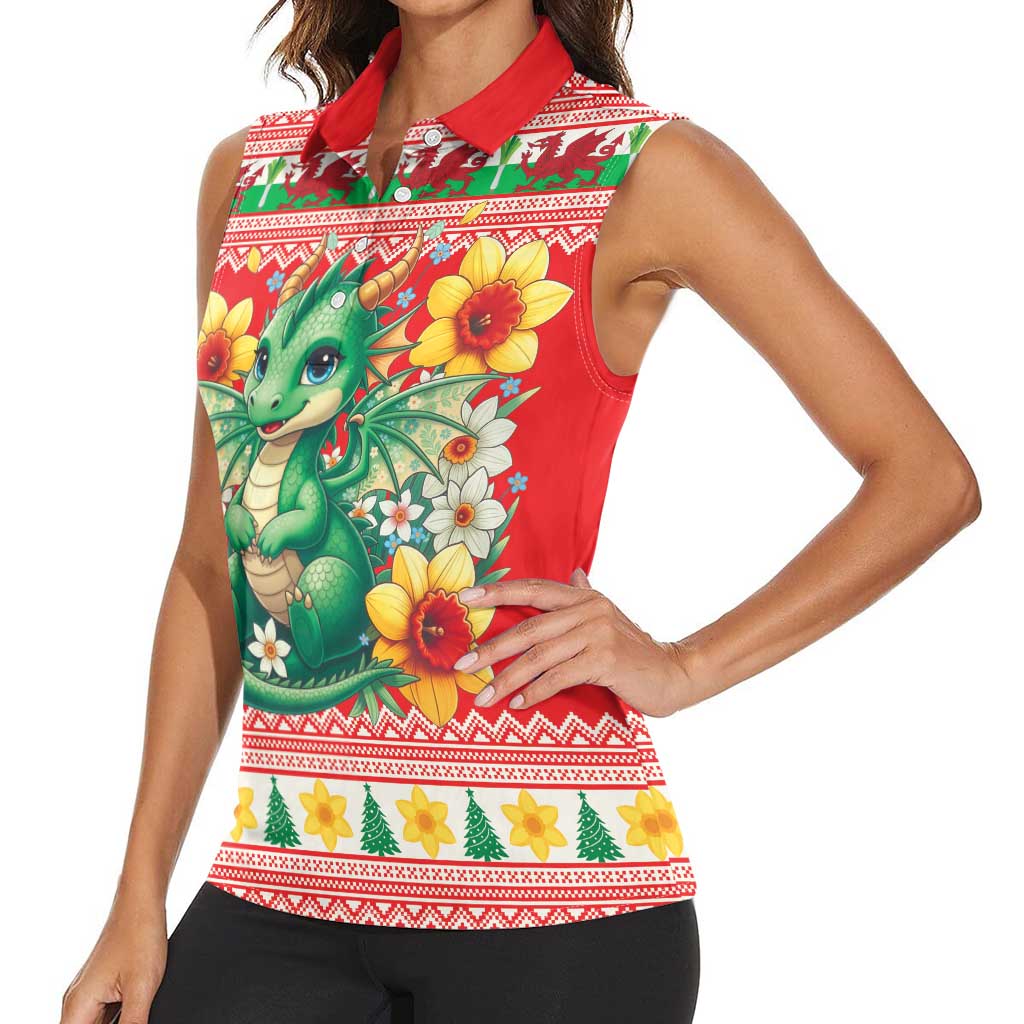 Wales Christmas Women Sleeveless Polo Shirt Cute Green Welsh Dragon and Daffodils - Wonder Print Shop