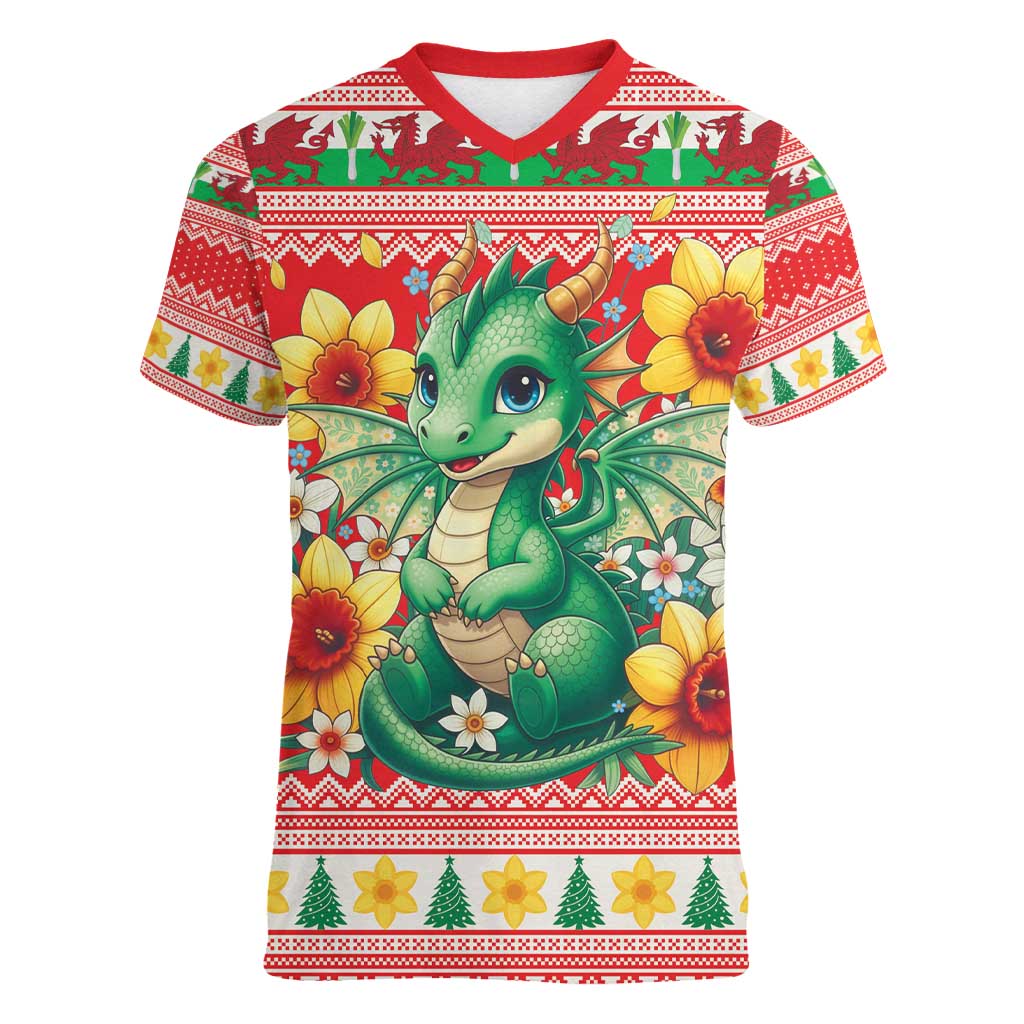 Wales Christmas Women V-Neck T-Shirt Cute Green Welsh Dragon and Daffodils - Wonder Print Shop