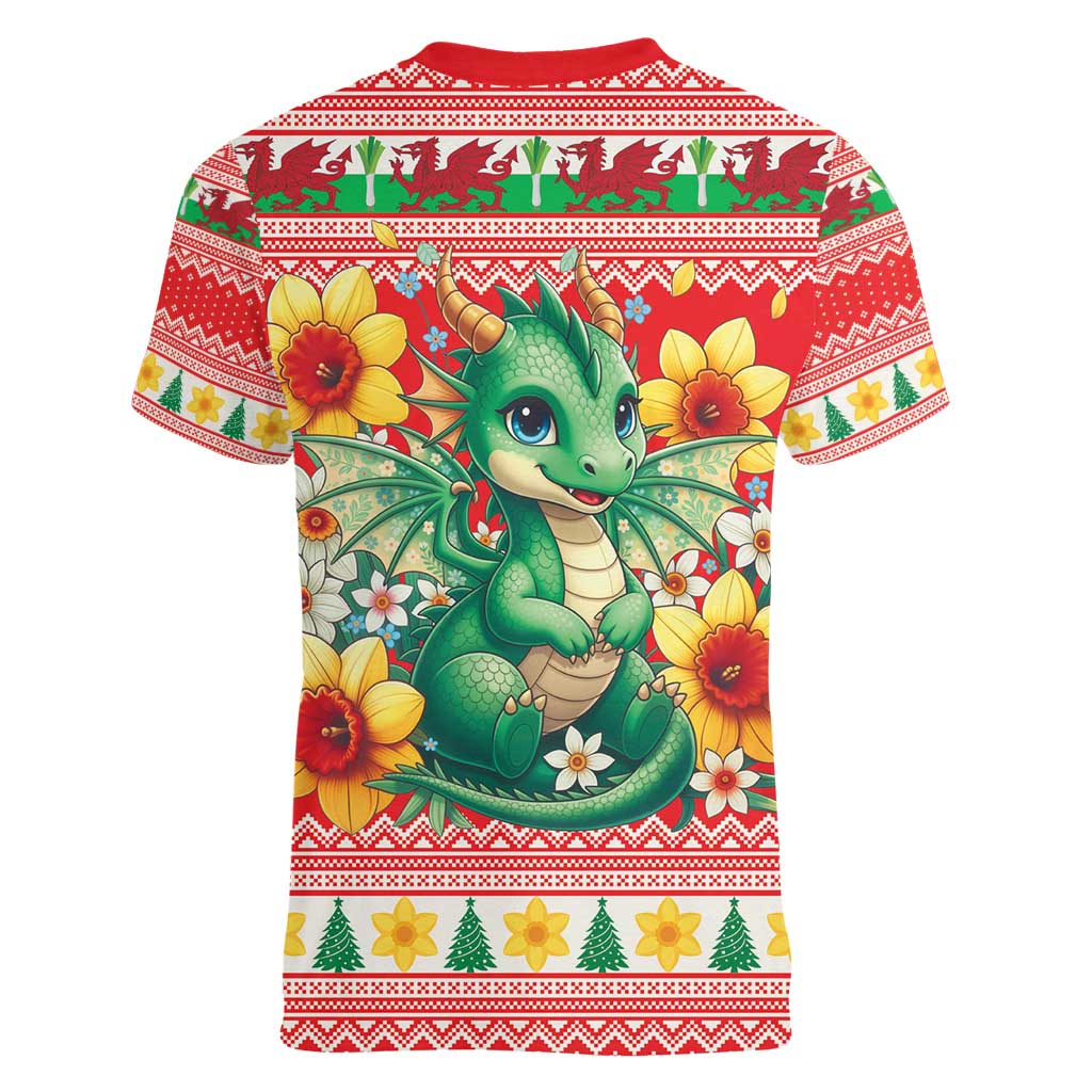 Wales Christmas Women V-Neck T-Shirt Cute Green Welsh Dragon and Daffodils - Wonder Print Shop