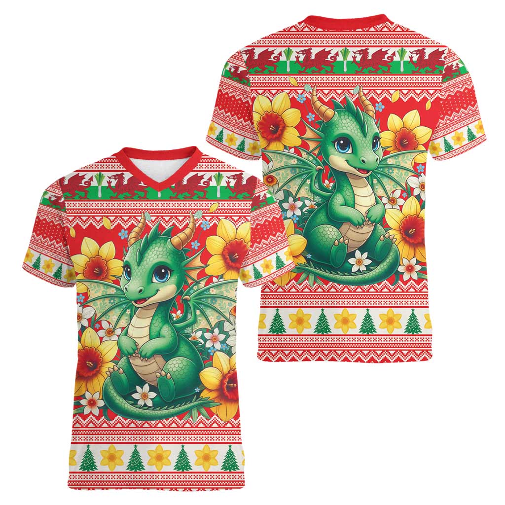 Wales Christmas Women V-Neck T-Shirt Cute Green Welsh Dragon and Daffodils - Wonder Print Shop