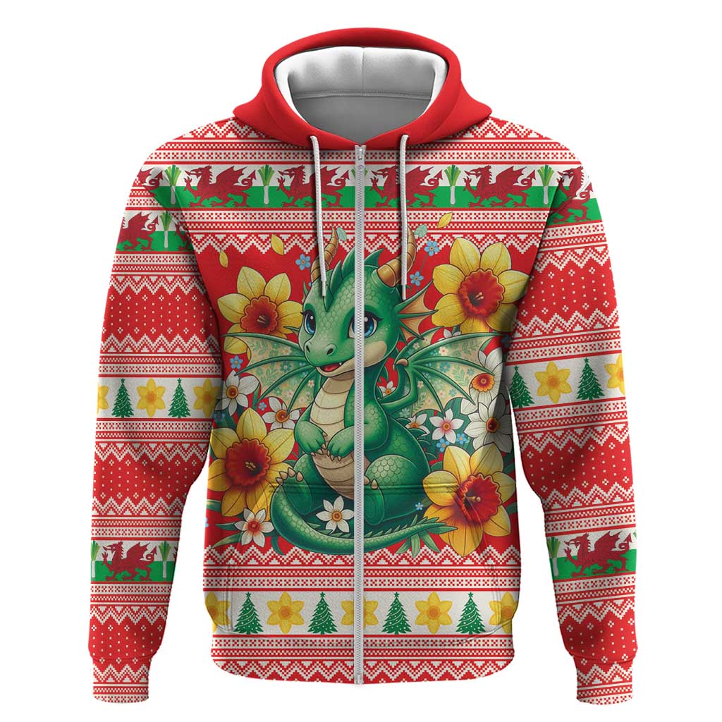 Wales Christmas Zip Hoodie Cute Green Welsh Dragon and Daffodils - Wonder Print Shop