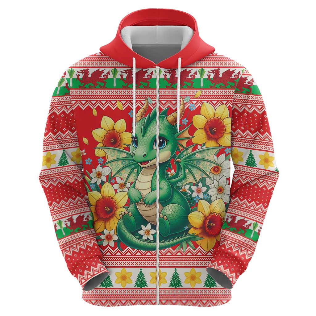 Wales Christmas Zip Hoodie Cute Green Welsh Dragon and Daffodils - Wonder Print Shop