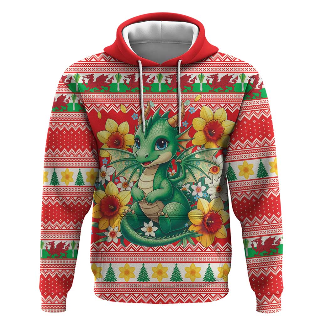 Wales Christmas Zip Hoodie Cute Green Welsh Dragon and Daffodils - Wonder Print Shop