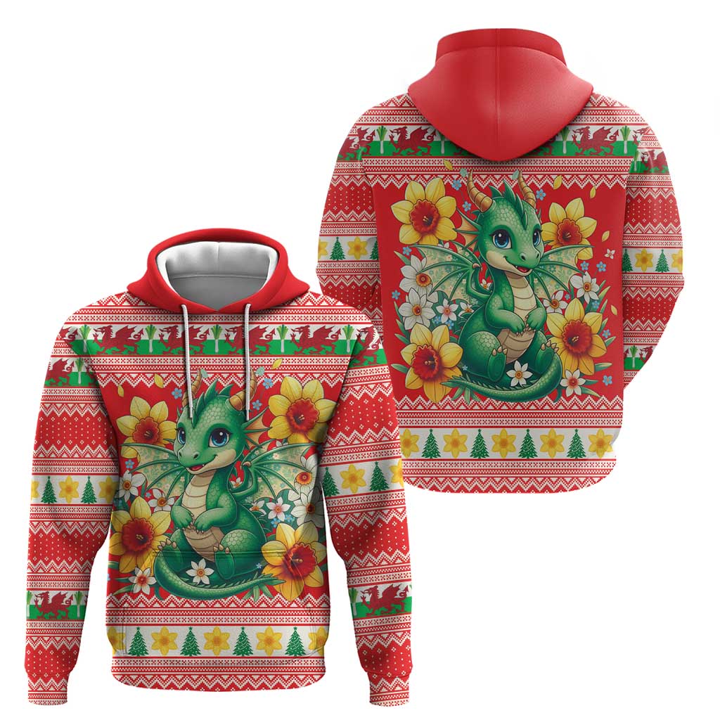 Wales Christmas Zip Hoodie Cute Green Welsh Dragon and Daffodils - Wonder Print Shop
