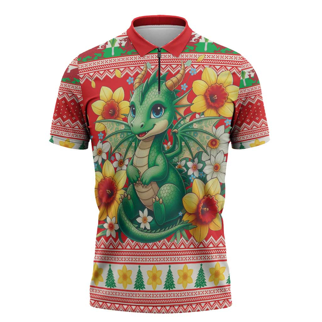 Wales Christmas Zipper Polo Shirt Cute Green Welsh Dragon and Daffodils - Wonder Print Shop
