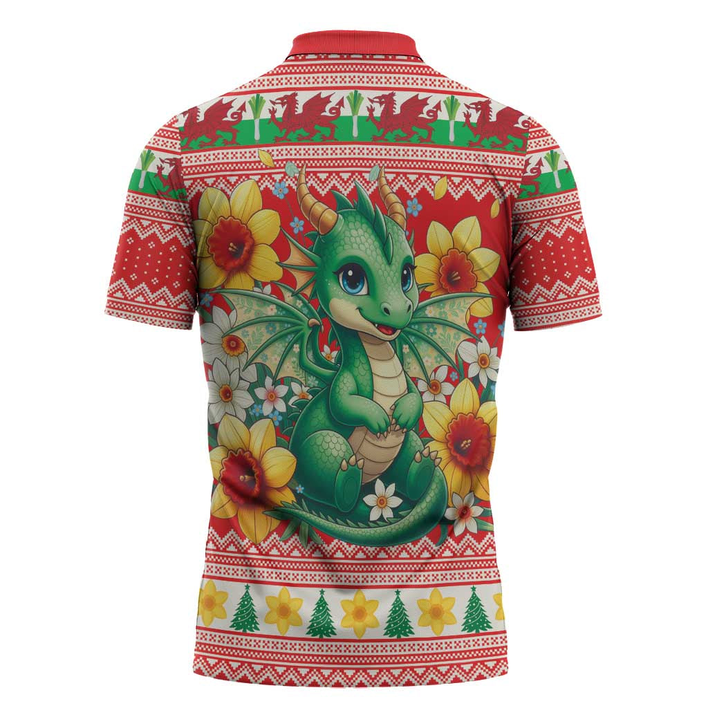Wales Christmas Zipper Polo Shirt Cute Green Welsh Dragon and Daffodils - Wonder Print Shop