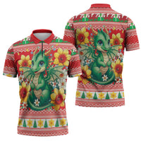 Wales Christmas Zipper Polo Shirt Cute Green Welsh Dragon and Daffodils - Wonder Print Shop